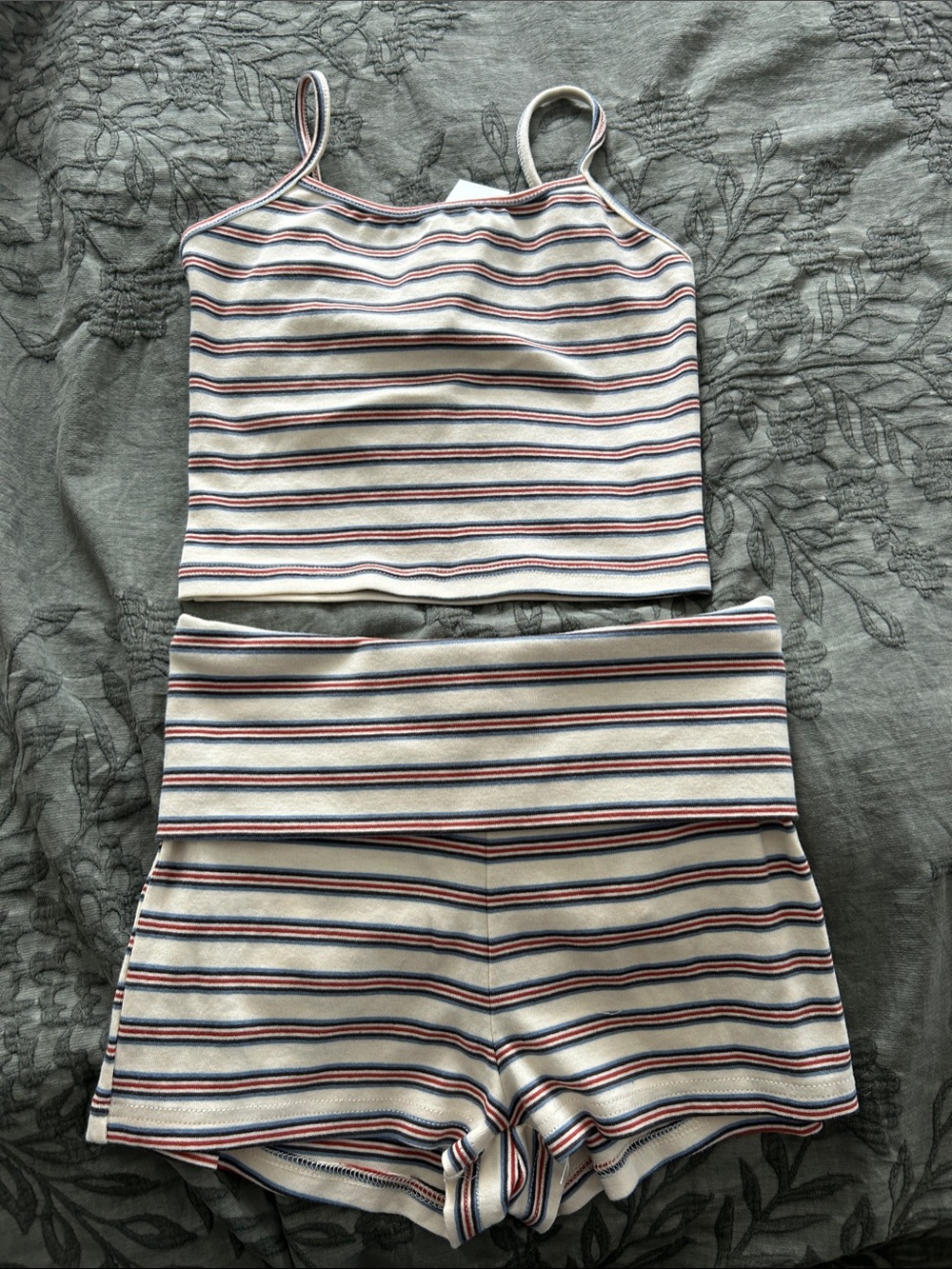 Hazel Boutique Striped Cream & Navy Two-Piece Tank and Shorts Set